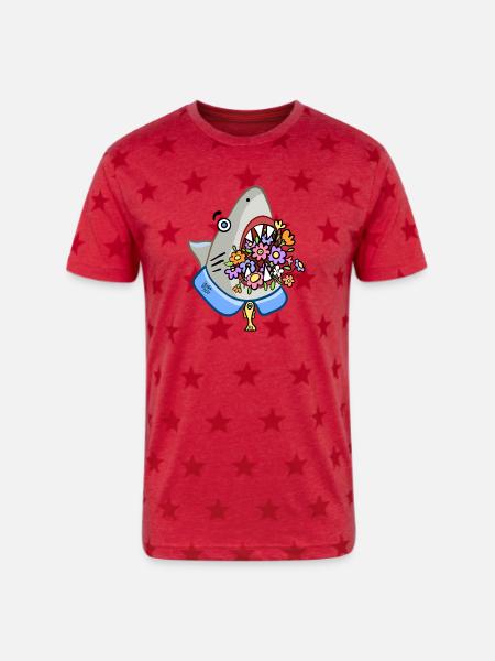 Shark Floral Attack - Unisex Adult Star Printed T-Shirt - red star