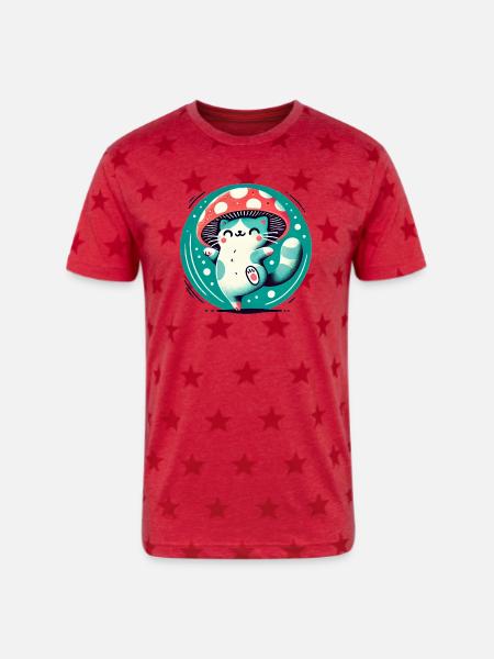 Whimsy Mushroom Hat Cat - Unisex Adult Star Printed T-Shirt - red star