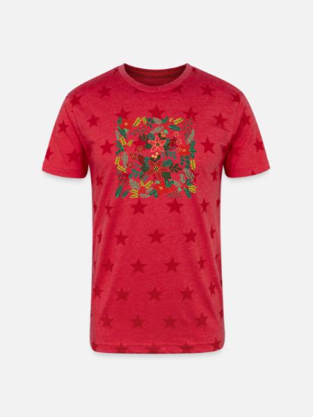 Boho Floral Christmas - Unisex Adult Star Printed T-Shirt - red star