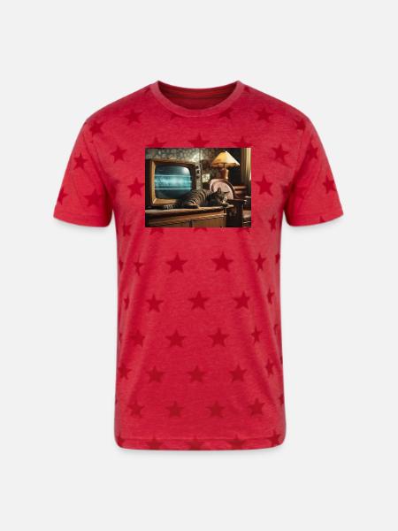 Retro TV Cat Nap - Unisex Adult Star Printed T-Shirt - red star