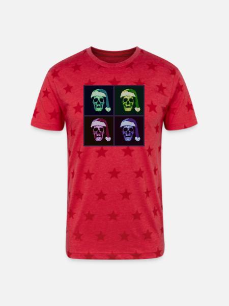 Pop Art Skull Santa Halftone - Unisex Adult Star Printed T-Shirt - red star