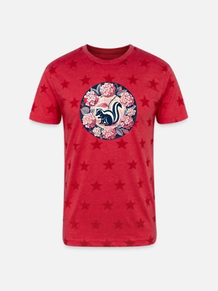 Hydrangea Circle Skunk Motif - Unisex Adult Star Printed T-Shirt - red star