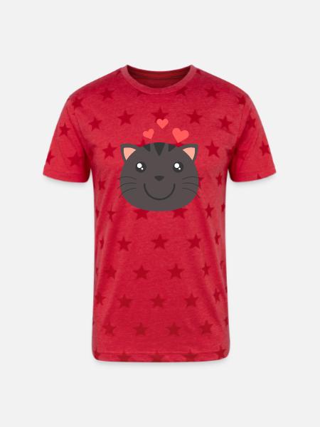 Heartfelt Cat Face - Unisex Adult Star Printed T-Shirt - red star