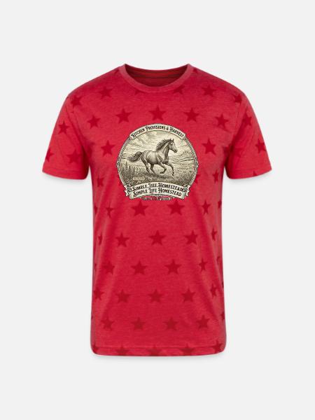 Rustic Horse Homestead Emblem - Unisex Adult Star Printed T-Shirt - red star