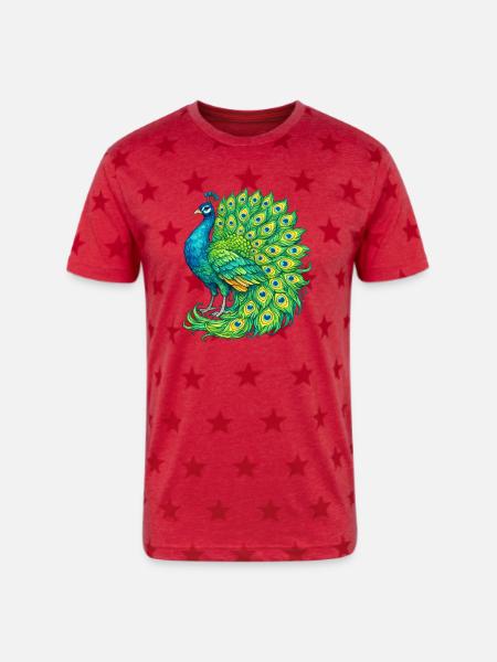 Vivid Peacock Cascade - Unisex Adult Star Printed T-Shirt - red star