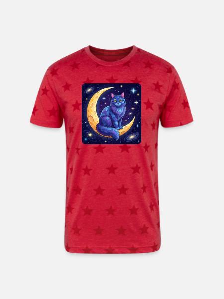 Blue Moon Cat in Space - Unisex Adult Star Printed T-Shirt - red star