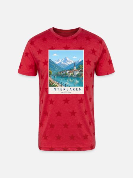 Interlaken Alpine Lakescape - Unisex Adult Star Printed T-Shirt - red star