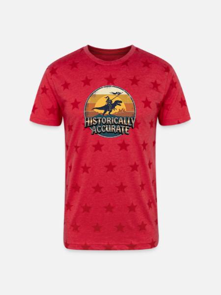 Knight on Dino at Sunset - Unisex Adult Star Printed T-Shirt - red star