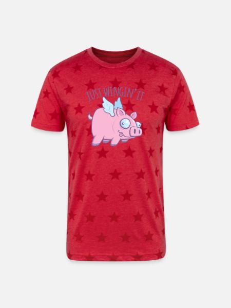 Just Wingin’ It Derpy Flying Pig - Unisex Adult Star Printed T-Shirt - red star