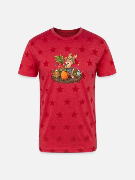 Harvesting Bunny in Garden - Unisex Adult Star Printed T-Shirt - red star