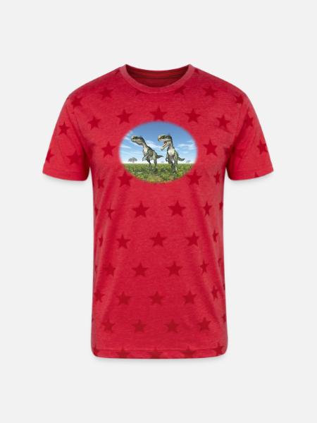 Monolophosaurus in a Prehistoric Landscape - Unisex Adult Star Printed T-Shirt - red star