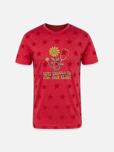 Blooming Heartbeat Stethoscope - Unisex Adult Star Printed T-Shirt - red star