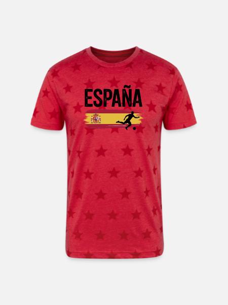 Spain Flag Soccer Splash - Unisex Adult Star Printed T-Shirt - red star