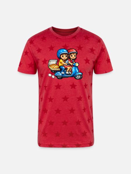 Boy and Girl on Vespa with Pizza! - Unisex Adult Star Printed T-Shirt - red star