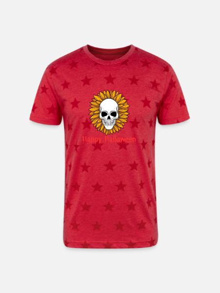 Sunflower Skull Halloween Tee - Unisex Adult Star Printed T-Shirt - red star