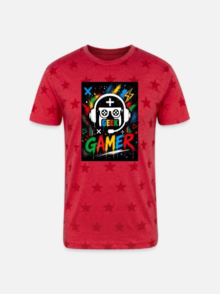 Gamer Geek Neon Splash - Unisex Adult Star Printed T-Shirt - red star
