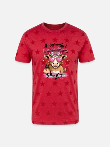 Cow with Attitude: Pink Diva - Unisex Adult Star Printed T-Shirt - red star