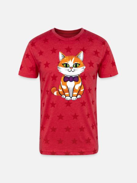 Orange Cat Bowtie Charm - Unisex Adult Star Printed T-Shirt - red star