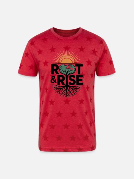 Root & Rise: Sunburst Tree - Unisex Adult Star Printed T-Shirt - red star