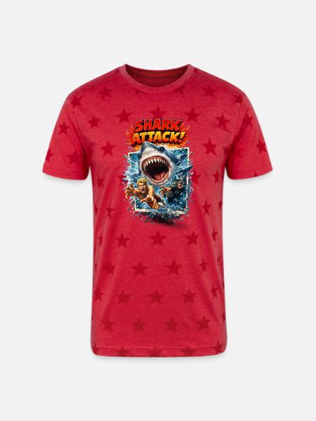 Shark Attack Retro Comic Splash - Unisex Adult Star Printed T-Shirt - red star