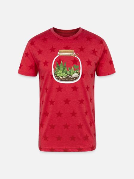 Glass Terrarium Garden Scene - Unisex Adult Star Printed T-Shirt - red star