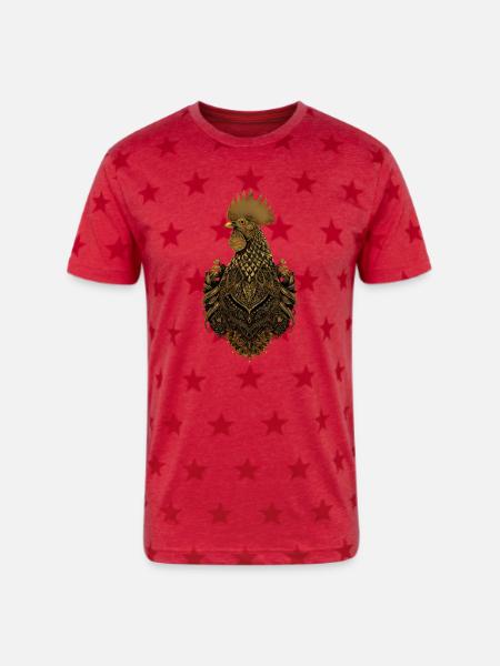Golden ornate rooster art - Unisex Adult Star Printed T-Shirt - red star