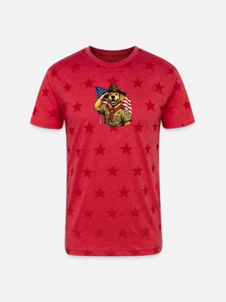 Patriotic Pup Scout Salute - Unisex Adult Star Printed T-Shirt - red star