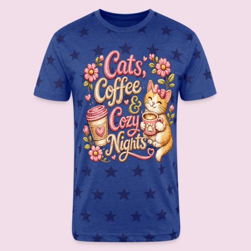 Cats, Coffee & Cozy Nights Faux Stitched Design - Unisex Adult Star Printed T-Shirt