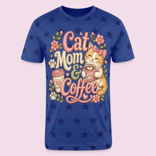 Cat Mom & Coffee Faux Stitched Cat Lover Design - Unisex Adult Star Printed T-Shirt