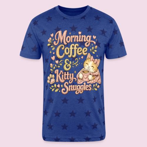 Morning Coffee & Kitty Snuggles Faux Stitched - Unisex Adult Star Printed T-Shirt