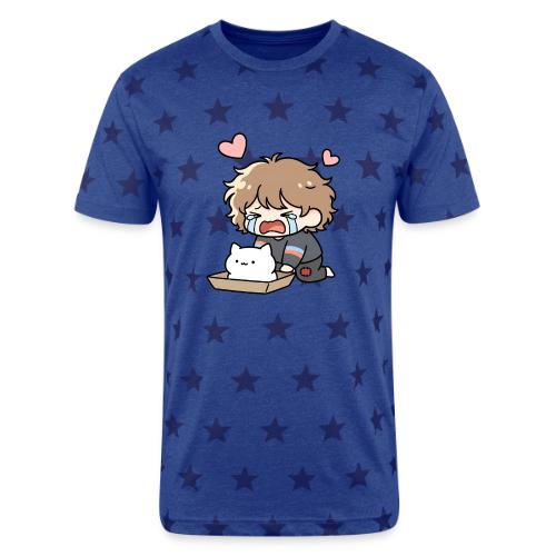 Crying Chibi Boy with Stray Cat - Unisex Adult Star Printed T-Shirt