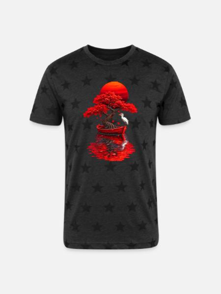 Crimson Bonsai Boat at Sunset - Unisex Adult Star Printed T-Shirt - 