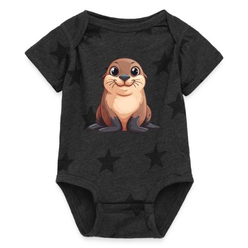 Smiling Cartoon Brown Sea Lion - Baby 5 Star Print One Piece