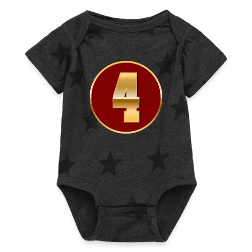 Number 4 in Gold Varsity Font - Baby 5 Star Print One Piece