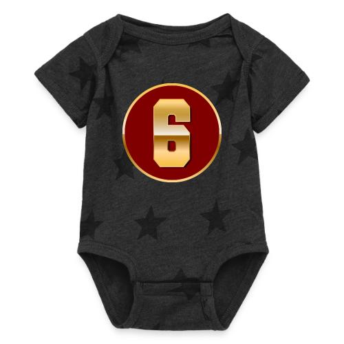 Number 6 in Gold Varsity Font - Baby 5 Star Print One Piece