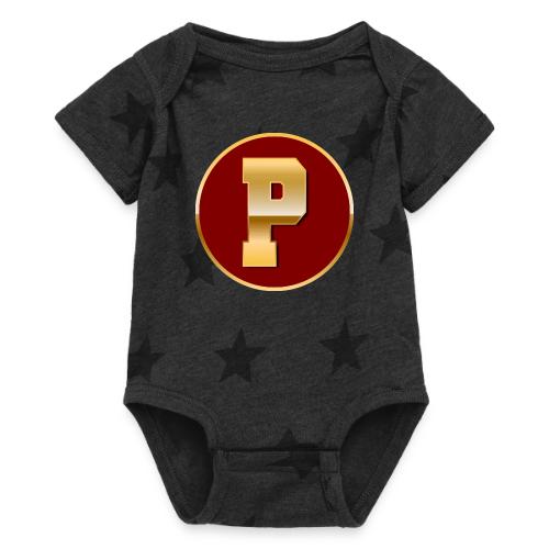 Letter P – Capital Varsity Alphabet Monogram - Baby 5 Star Print One Piece
