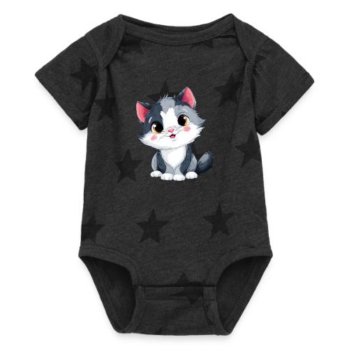 Sweet Sitting Kitten Cartoon Smiling - Baby 5 Star Print One Piece