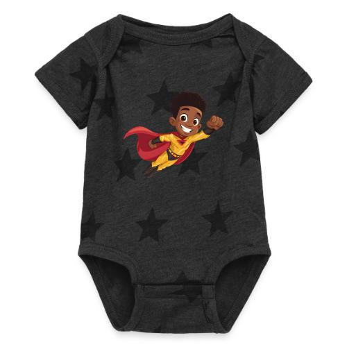 Flying Cartoon Superhero Boy in Red Cape - Baby 5 Star Print One Piece