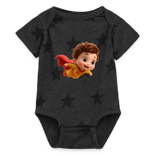 Flying Cartoon Superhero Boy in Yellow Suit - Baby 5 Star Print One Piece