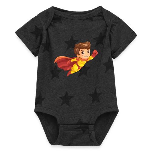 Cheerful Cartoon Superhero Boy Flying High - Baby 5 Star Print One Piece