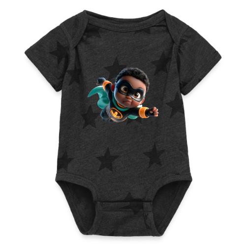 Brave Cartoon Superhero Boy in Green Cape - Baby 5 Star Print One Piece