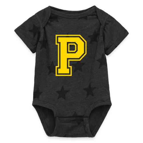 Letter P – Capital Athletic Alphabet Monogram - Baby 5 Star Print One Piece