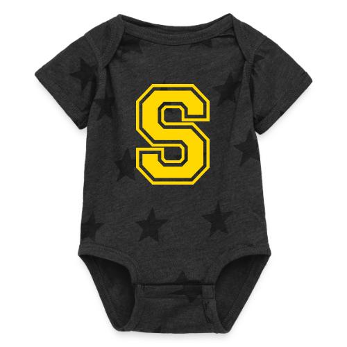 Letter S – Capital Athletic Alphabet Monogram - Baby 5 Star Print One Piece