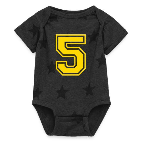 Number 5 in a classic athletic collegiate font - Baby 5 Star Print One Piece