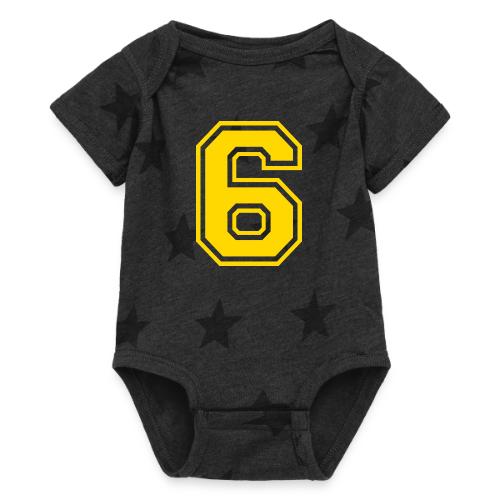 Number 6 in a classic athletic collegiate font - Baby 5 Star Print One Piece