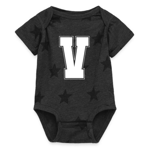 White Letter V – Varsity Alphabet Monogram - Baby 5 Star Print One Piece