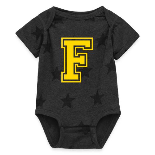 Letter F – Capital Athletic Alphabet Monogram - Baby 5 Star Print One Piece