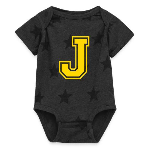 Letter J – Capital Athletic Alphabet Monogram - Baby 5 Star Print One Piece