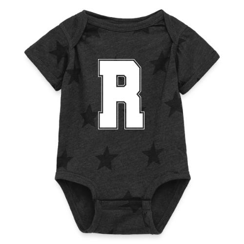 White Letter R – Varsity Alphabet Monogram - Baby 5 Star Print One Piece
