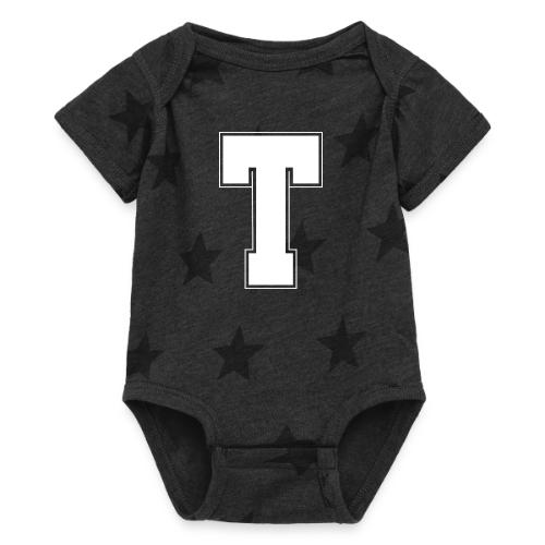 White Letter T – Varsity Alphabet Monogram - Baby 5 Star Print One Piece